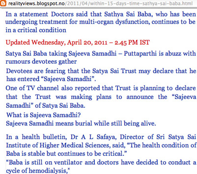 Sajeeva Samadhi for Sathya Sai Baba?